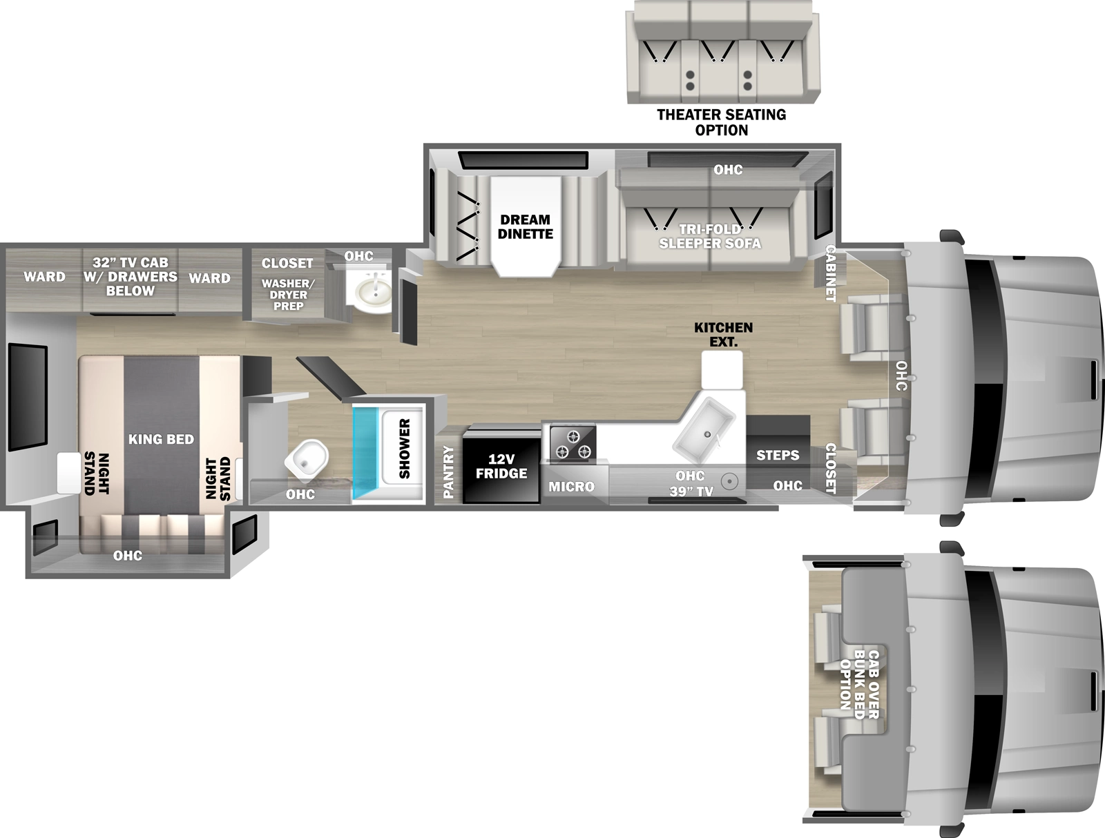 The 34SS has two slideouts and one entry. Interior layout front to back: front cockpit with overhead cabinets, off-door side cabinet and door side closet (optional cab-over bunk bed); off-door side slideout with tri-fold sleeper sofa with overhead cabinet, and dream dinette; door side entry steps, kitchen counter with extension, sink, overhead cabinet with TV, cooktop, microwave, 12V refrigerator, and pantry; door side room with toilet, shower and overhead cabinet, and off-door side vanity with overhead cabinet and closet with washer/dryer prep; rear bedroom with door side king bed slideout with overhead cabinet and night stands on each side, and off-door side TV cabinet with drawers below and wardrobes on each side. 